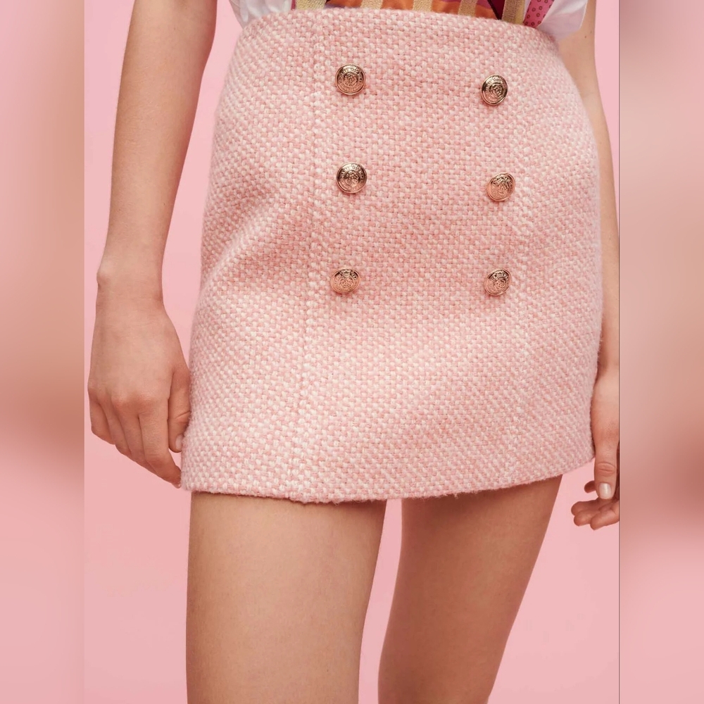 NWT Maje Josila Pink and Ecru Mottled Tweed Skirt FR 40 US L